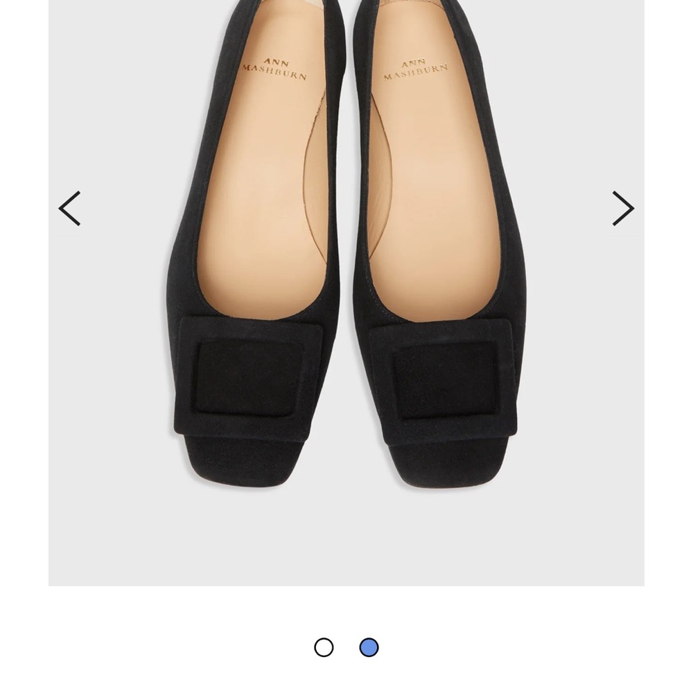 ANN MASHBURN Black Square-Toe Suede Flats with Decorative Buckle